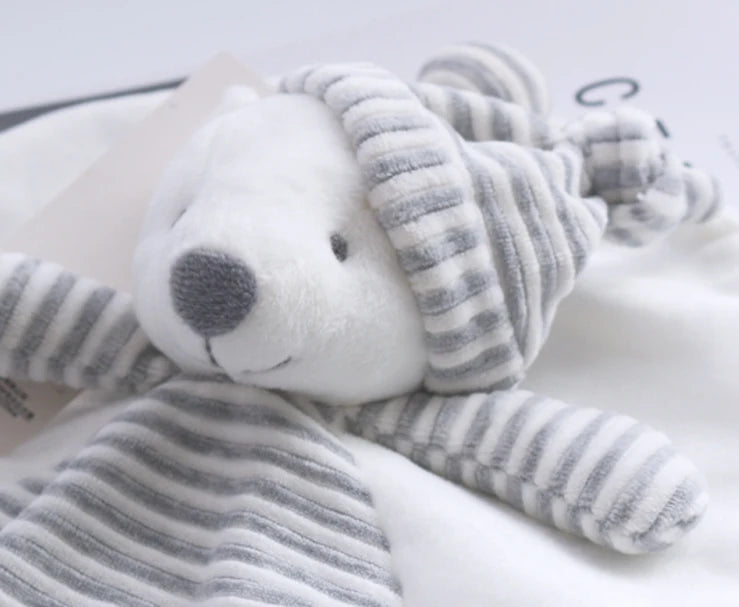 Plush toy with striped pattern on a white background