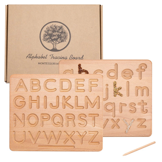 Montessori wooden tracing board with uppercase and lowercase letters for early writing practice