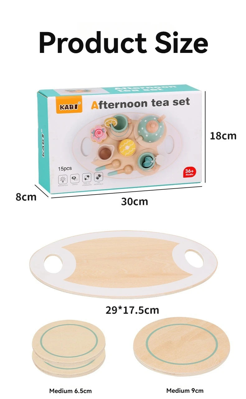 Children’s wooden tea set featuring teapot, cups, tray, and food items to encourage role-playing and creativity.