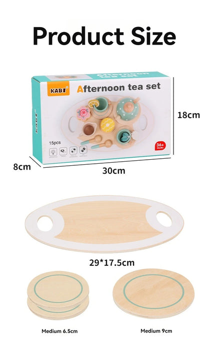 Children’s wooden tea set featuring teapot, cups, tray, and food items to encourage role-playing and creativity.