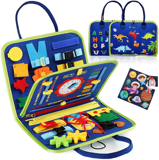 Blue Montessori busy board with buttons, zippers, and buckles for preschoolers