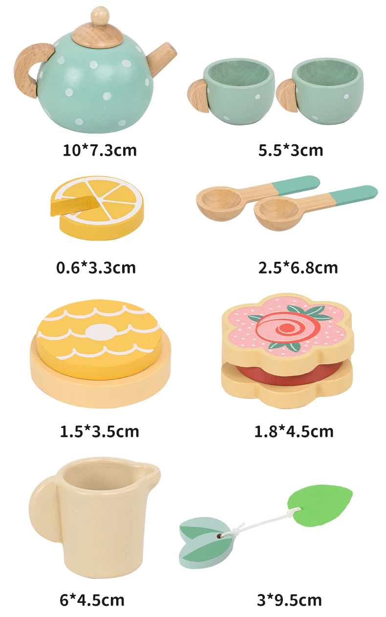 Imaginative play wooden tea set including teapot, cups, tray, and toy food pieces for kids’ social interaction.