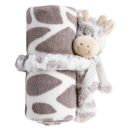 Plush toy with giraffe design and soft texture on a white background