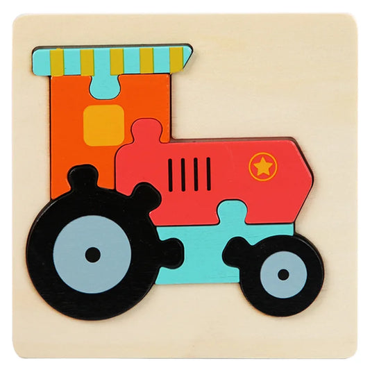 Wooden train puzzle with colorful engine and cars