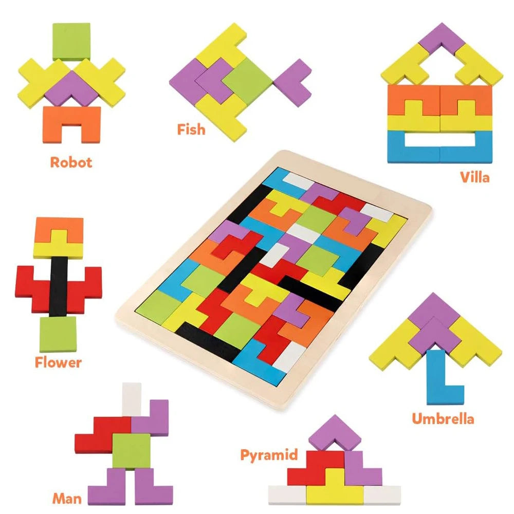 Wooden Tetris puzzle pieces in vibrant colors promoting shape and color recognition