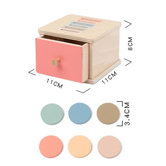 Montessori wooden slot box for toddlers; color-matching educational toy for fine motor skills, sorting, and early math learning.