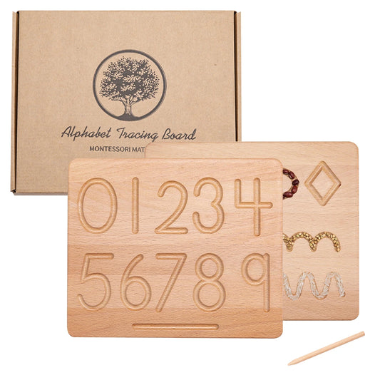 Montessori wooden number and line tracing board with stylus for early math and writing practice; Double-sided Montessori wooden tracing board for fine motor skill development