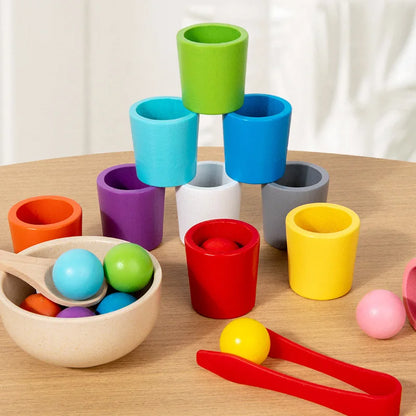 Educational Montessori toy featuring wooden balls and cups for hands-on sorting, counting, and sensory play.