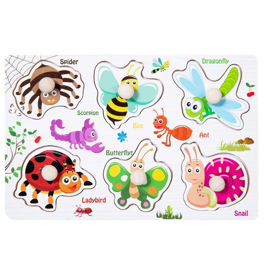 Montessori puzzle featuring bugs like bees, ants, and ladybugs