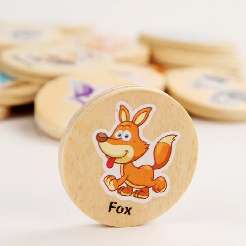 Close-up of wooden cards matching game.