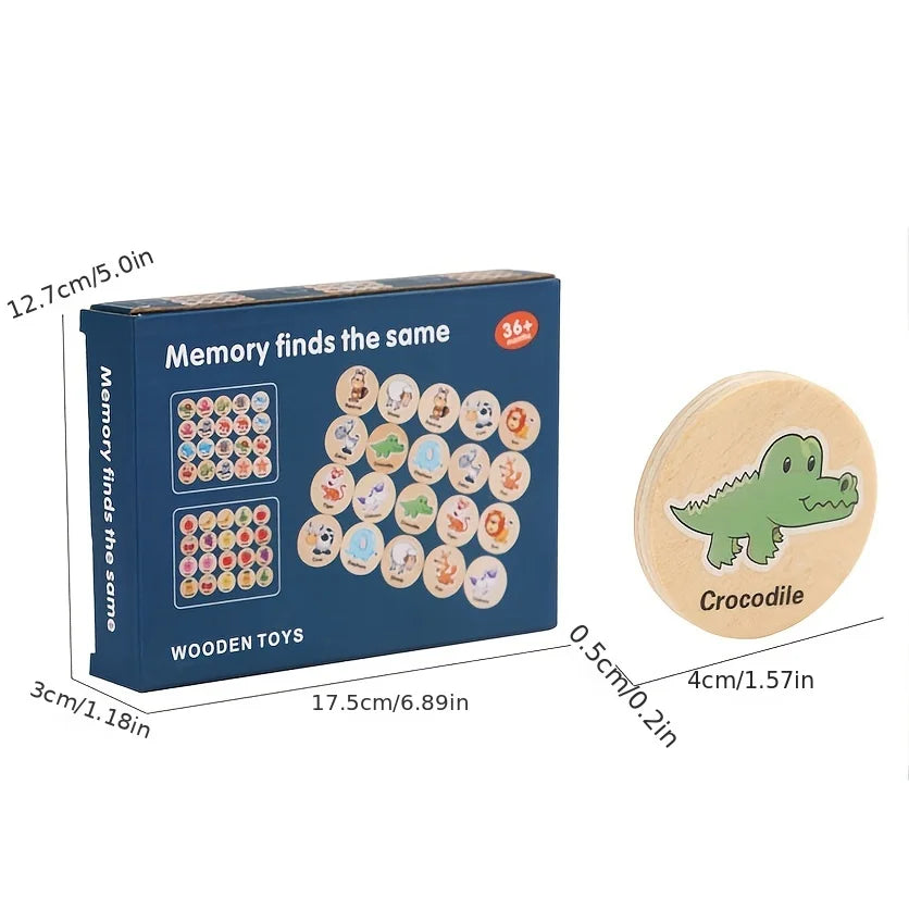Wooden matching game pieces promoting memory and concentration.