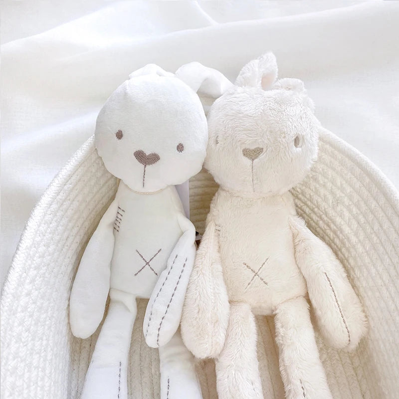 Two soft toy bunnies in a basket with a white background