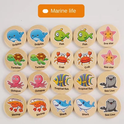 Full set of 20 wooden memory cards laid out for matching play.