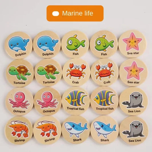 Full set of 20 wooden memory cards laid out for matching play.