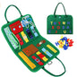 Close-up of Montessori busy bag featuring hands-on activities like zipper, button, buckle, and tie for self-dressing practice.