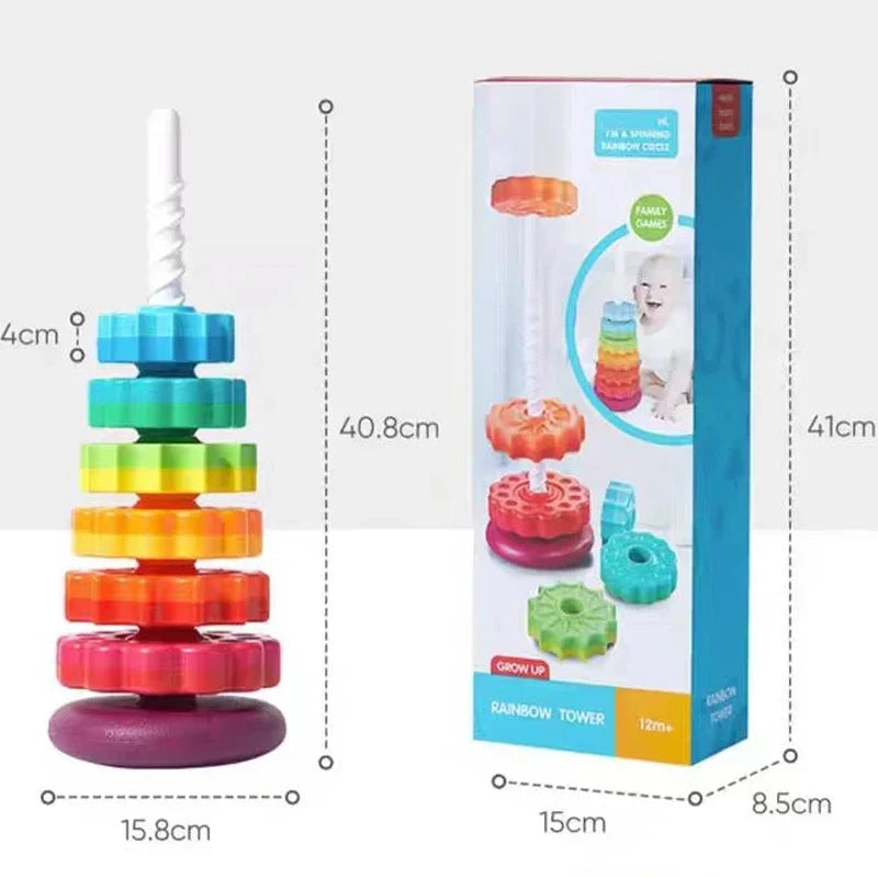 Montessori rotating rainbow tower with colorful stacking pieces for babies