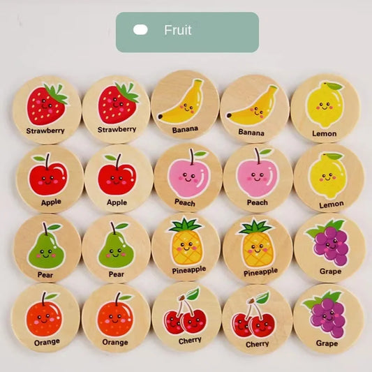 Full set of wooden memory game pieces laid out for early learning play