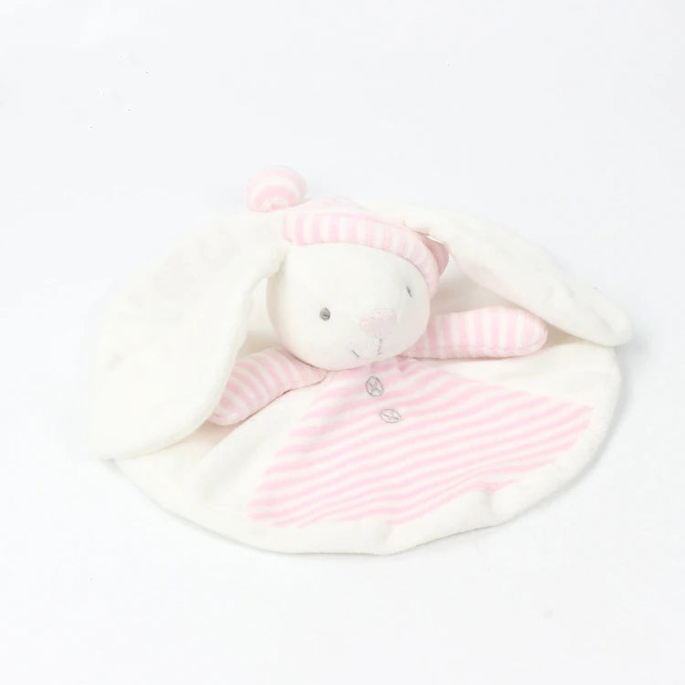 Pink and white plush toy with a blanket on a light background