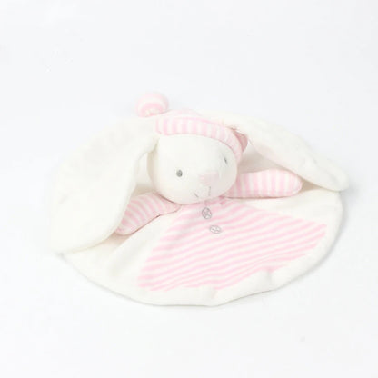 Pink and white plush toy with a blanket on a light background
