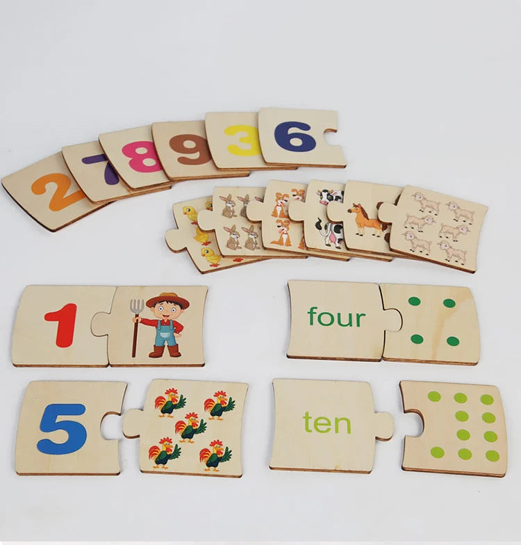 Close-up of wooden number puzzle pieces fitting into matching color-coded slots