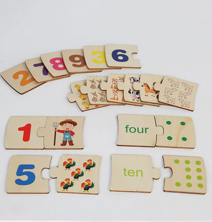 Close-up of wooden number puzzle pieces fitting into matching color-coded slots