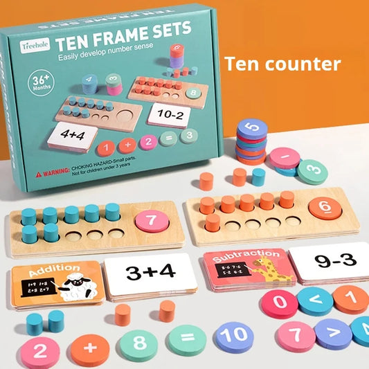 Montessori wooden Ten Counter Set with ten colorful counters and storage tray