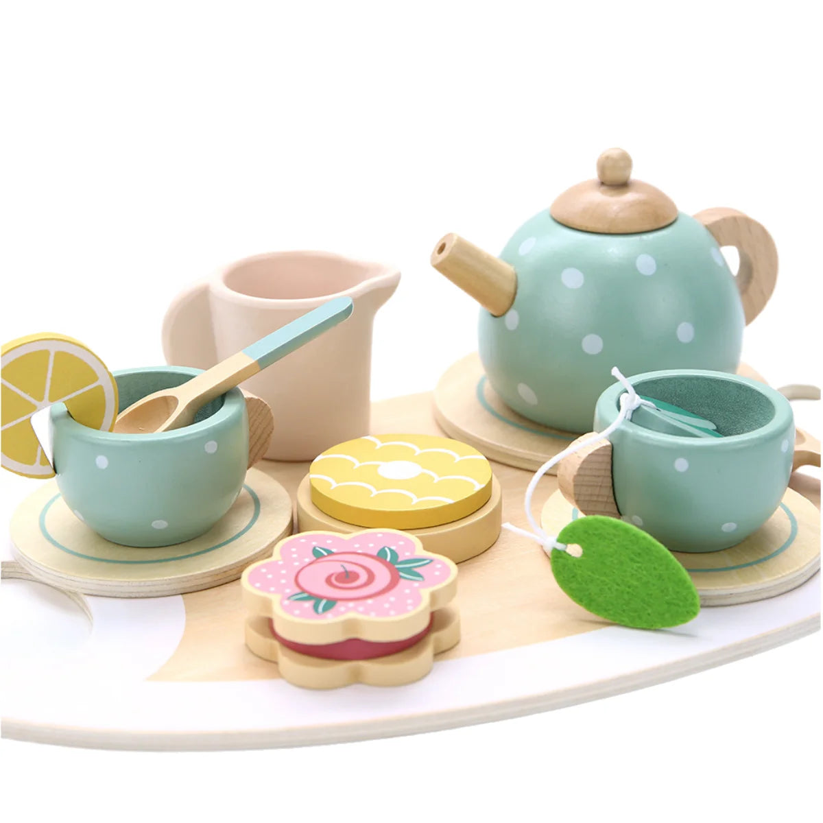 Wooden Tea Set with cups, teapot, tray, and food items for imaginative and social play in children