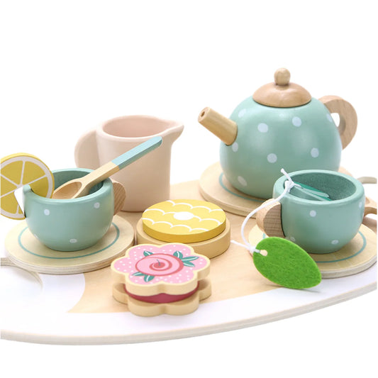 Wooden Tea Set with cups, teapot, tray, and food items for imaginative and social play in children