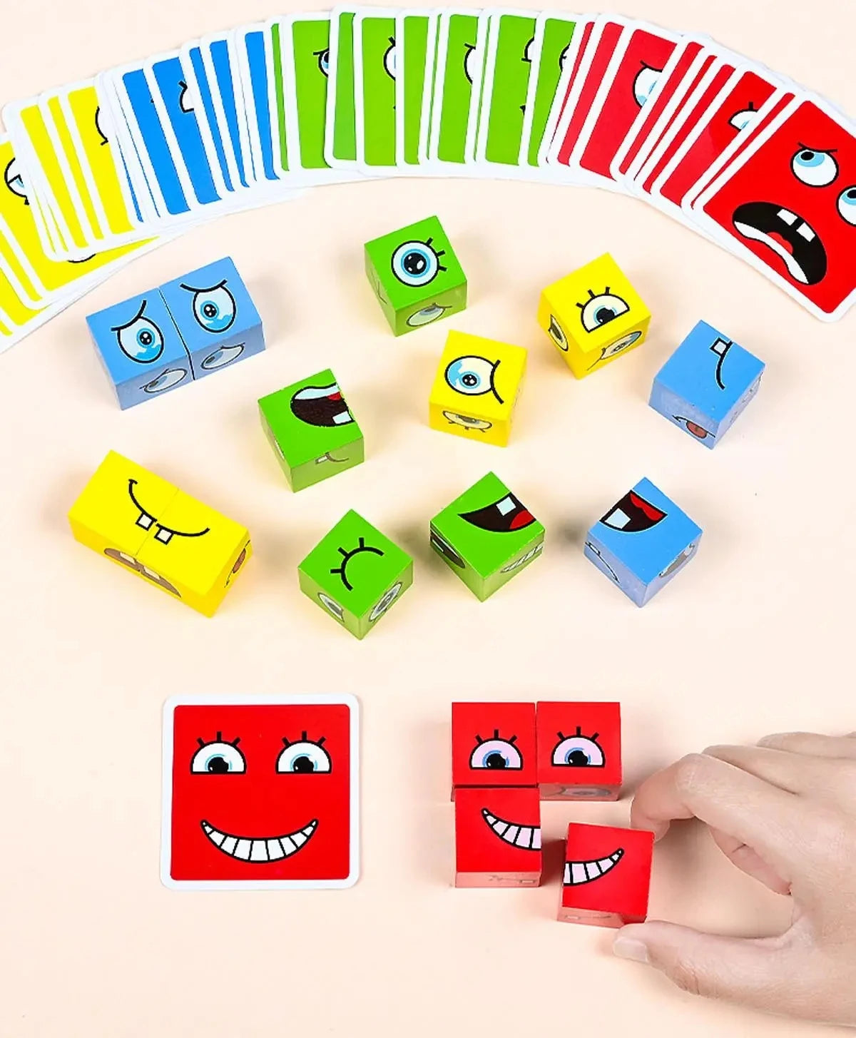Face Change Rubik blocks showing happy, sad, and surprised expressions