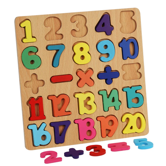 Number recognition puzzle with math symbols for preschool learning; Educational wooden toy for early numeracy and cognitive development