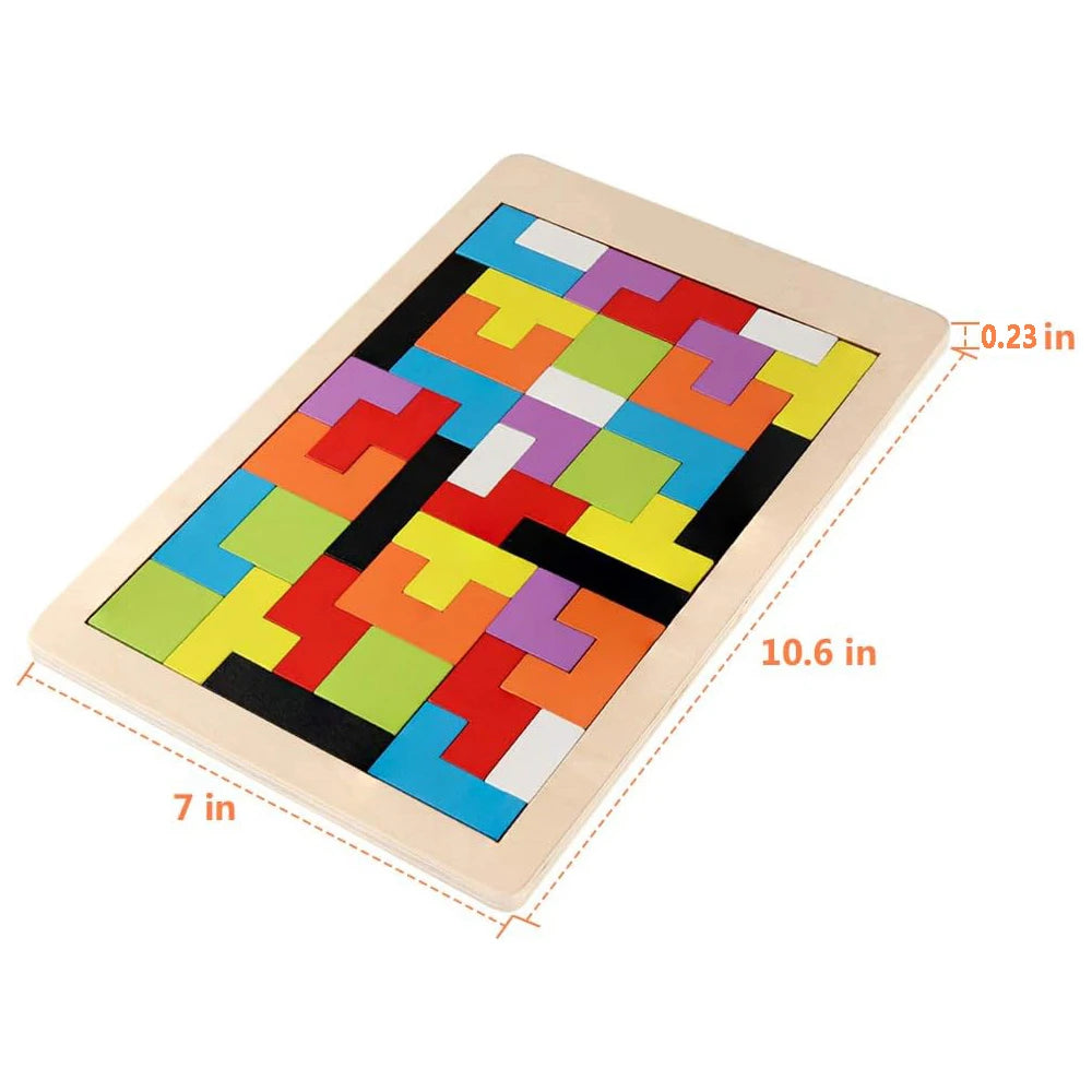 Measurement and size of wooden Tetris puzzle pieces designed for cognitive development and hand-eye coordination