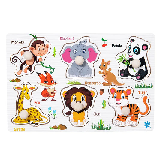 Wooden animal puzzle for toddlers showing farm and jungle creatures