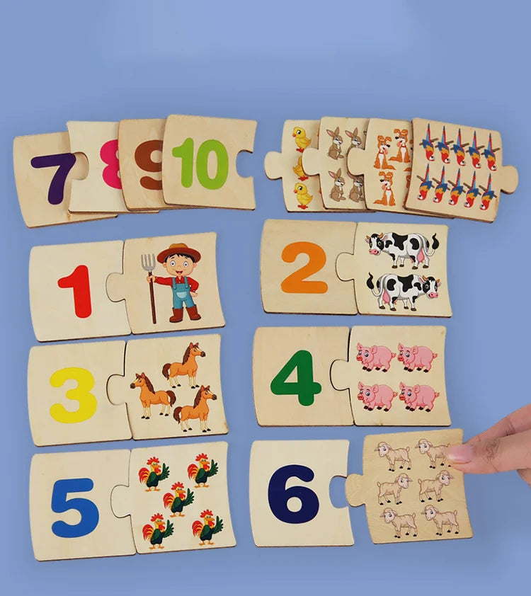 Montessori wooden number matching puzzle with colorful number and pattern pieces