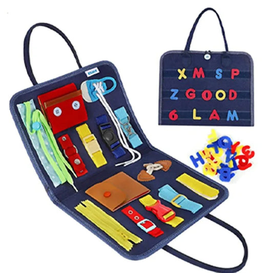 Montessori portable practical life skill busy bag with zipper, button, buckle, and tie activities for toddler fine motor and self-dressing practice