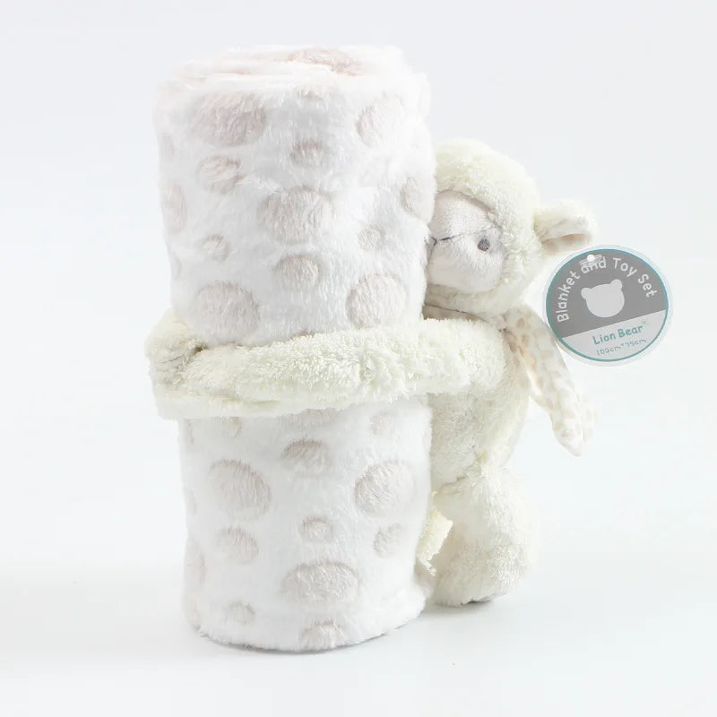 Fluffy white blanket with a plush toy on a white background