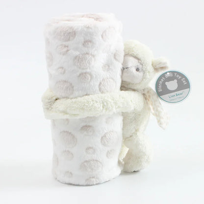 Fluffy white blanket with a plush toy on a white background