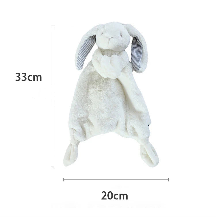 White plush bunny toy with gray ears and dimensions on a white background