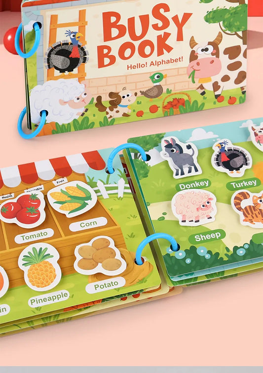 Montessori-inspired farm activity book encouraging cognitive skills, sensory development, and letter recognition.