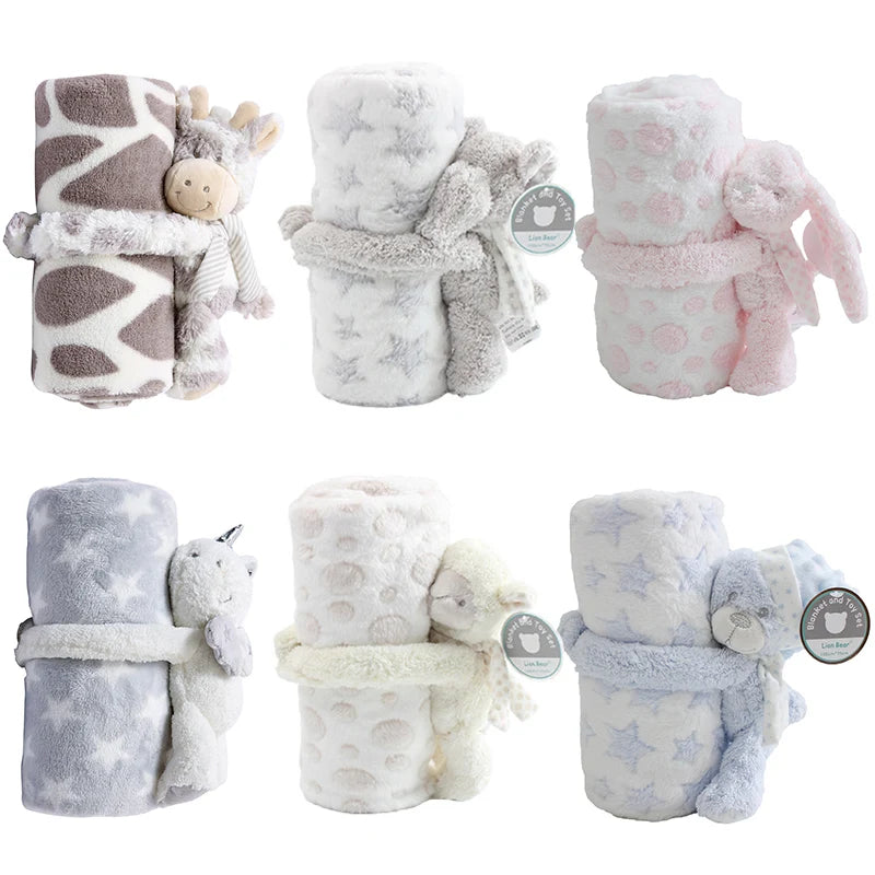 Collection of baby blankets with plush toys in various colors on a white background