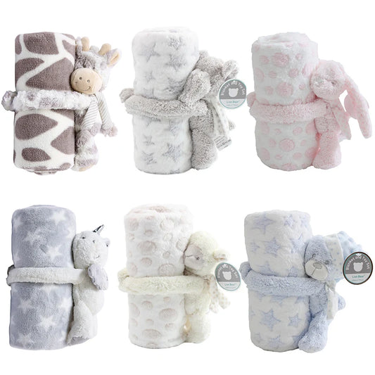 Collection of baby blankets with plush toys in various colors on a white background
