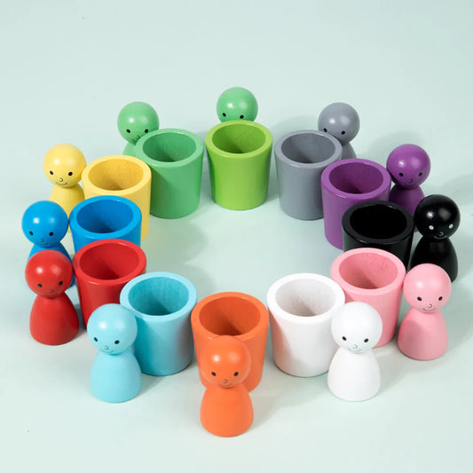 Montessori colour sorting peg set with 12 wooden cups and matching pegs arranged by color for fine motor skill development.