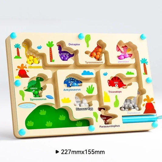 Montessori dinosaur colour sorting maze wooden toy with magnetic dinosaur beads