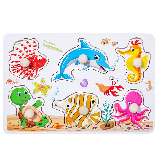 Ocean-themed wooden puzzle featuring fish, crab, and octopus for toddlers