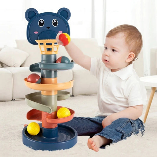 Educational wooden ball run toy promoting cause-and-effect learning