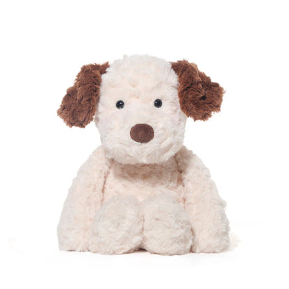 Plush dog toy with brown ears and face on a white background