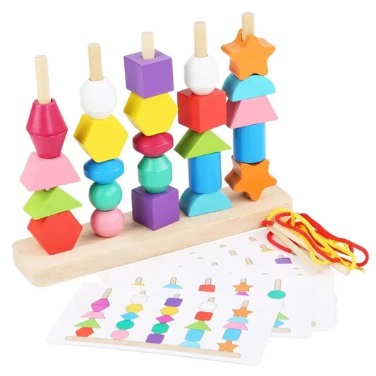 Colorful pillar building blocks and threading set with matching pattern cards for babies and toddlers