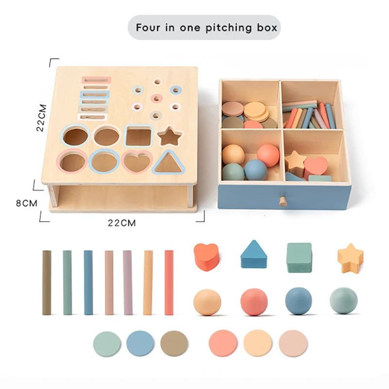 Montessori 4-in-1 wooden slot box toy with color pegs; Object permanence box for early childhood development