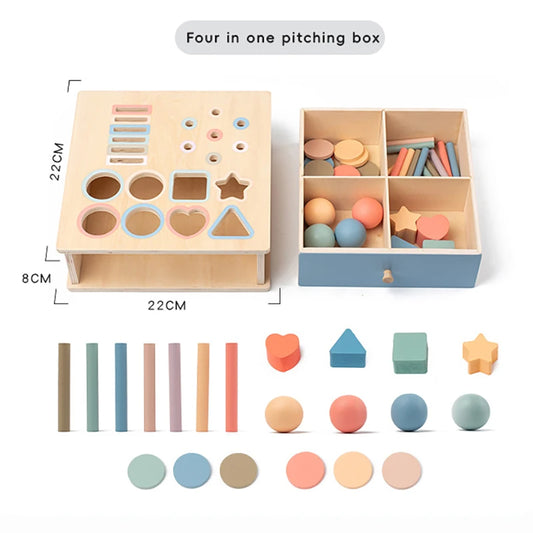 Montessori 4-in-1 wooden slot box toy with color pegs; Object permanence box for early childhood development