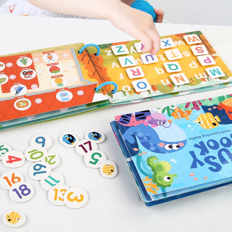 Farm-themed literacy busy book with interactive tearing, pasting, and tracing activities for fine motor skill development.