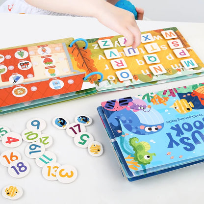 Farm-themed literacy busy book with interactive tearing, pasting, and tracing activities for fine motor skill development.